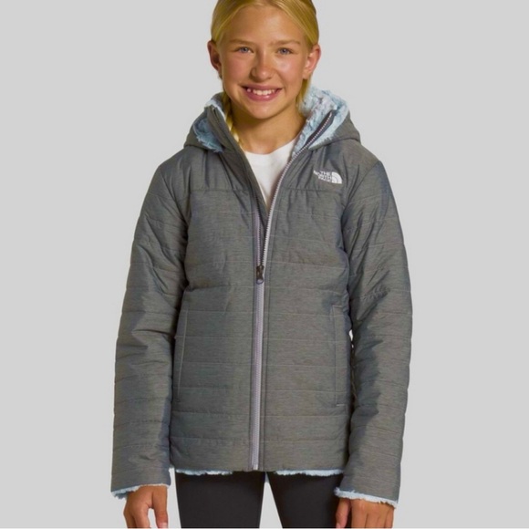 ❄️ North Face ❄️ Girls Gray and Blue Mossbud Swirl Hooded Parka Coat Large 14/16 - Picture 8 of 13